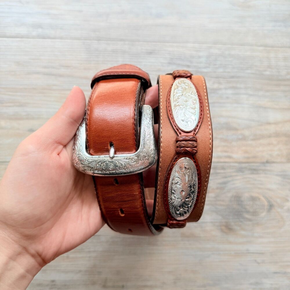 Justin Western Concho Leather Belt Brown Engraved Silver Conchos Size 30 USA - Picture 6 of 12